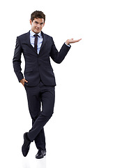 Image showing Entrepreneur, hand and portrait with choice in mockup, space and white background in studio. Confident, businessman and gesture to show option with information, advice or presentation with mock up