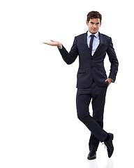 Image showing Entrepreneur, portrait and choice in hand with mockup, space and white background in studio. Confident, businessman and gesture to show option with information, advice or presentation with mock up