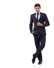 Image showing Businessman, fashion and portrait with suit in mockup with pride and confidence in white background or studio. Entrepreneur, manager and assertive boss adjusting jacket button with mock up space