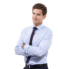 Image showing Businessman, happy and portrait in studio as corporate professional and law career with pride. Person, face and arms crossed in management, confident and about us for accountant by white background