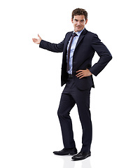 Image showing Portrait, hand and businessman pointing to mockup, space and blank advertising in studio. Confident, entrepreneur and gesture to show choice in white background with announcement or presentation