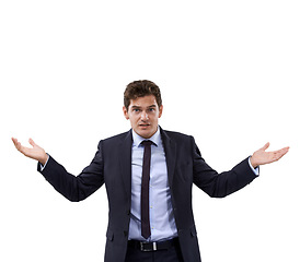 Image showing Business man, why and confused or questions in studio for investment decision, problem solving and solution. Portrait of corporate person or trader with palm for choice or doubt on a white background