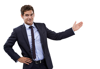 Image showing Portrait, gesture and hand of businessman in mockup, space and white background in studio. Confident, entrepreneur and pointing to show choice or option in announcement, information or presentation