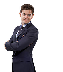 Image showing Businessman, arms crossed and portrait in studio as professional and corporate career with pride. Person, face and smile for management, formal suit and about us for accountant by white background