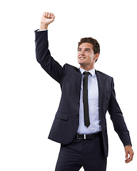 Image showing Business man, winner and yes in studio for success, power or achievement in stock market celebration. Excited corporate person or trader with fist, thinking of winning and goals on a white background