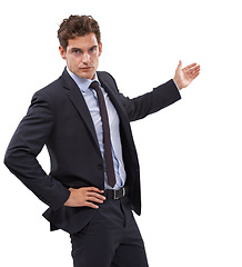 Image showing Businessman, portrait and hand with choice in mockup, space and white background in studio. Serious, entrepreneur and gesture with confidence in announcement, information or presentation of advice