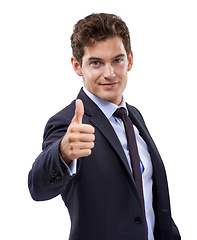 Image showing Business man, thumbs up and success in studio for achievement, support and like emoji or yes hands. Portrait of professional employee or winner with good job, vote or agreement on a white background