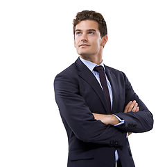 Image showing Arms crossed, thinking and business with man, opportunity and employee isolated on a white studio background. Person, model and entrepreneur with decision, choice and promotion with mockup space