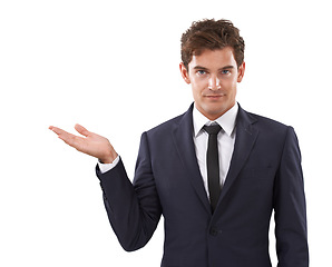 Image showing Entrepreneur, hand and portrait with choice in mockup, space and white background in studio. Confident, businessman and gesture to show option with information, advice or presentation with mock up