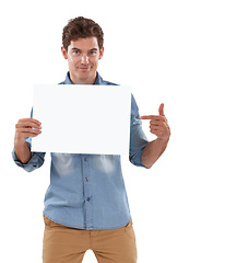 Image showing Pointing, poster and portrait of man in a studio with mockup space for marketing, promotion or advertising. Happy, banner and handsome person from Canada with empty sign isolated by white background.