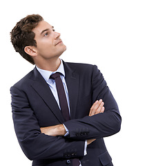 Image showing Idea, thinking or business with man, arms crossed or employee isolated on white studio background. Person, model or agent with planning, choice or opportunity with promotion, decision or mockup space