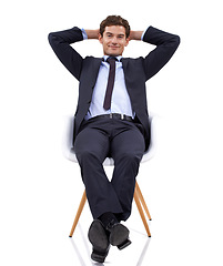 Image showing Businessman, relax and portrait of manager in a chair with white background or mock up space in studio. Happy, entrepreneur and stretching on seat with professional style, fashion and confidence