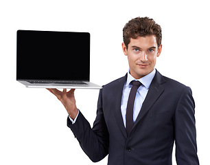 Image showing Business man, laptop screen and portrait in studio for presentation, career software and trading information. Professional worker with computer mockup for stock market website on a white background