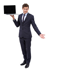 Image showing Business man, laptop screen and portrait in studio for presentation, career software and website information. Professional worker with computer mockup for online registration on a white background