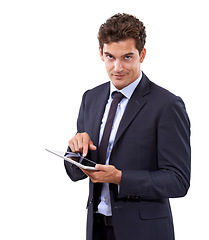 Image showing Business man, studio portrait and tablet for online registration, stock market investment and trading offer. Professional or corporate trader pointing to digital technology on a white background
