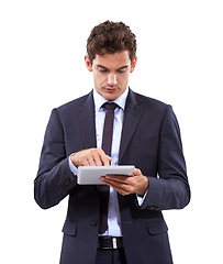 Image showing Business man, studio and scroll on tablet in online research, stock market investment or trading software. Professional trader or corporate analyst typing on digital technology on a white background