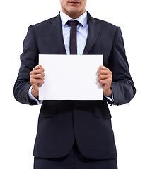 Image showing Business hands, poster mockup and presentation for advertising opportunity, news or information in studio. Professional or corporate person with career board, paper or job space on a white background