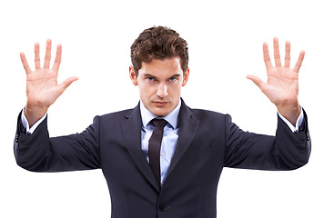 Image showing Stop, hands and portrait of business man in studio with limit, warning or threat on white background. Palm, protest and face of male entrepreneur with security emoji for order, control or not allowed