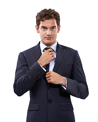 Image showing Confident, businessman and portrait for fixing tie and corporate professional for career pride in studio mockup. Person, face and management in formal suit and attorney with power by white background