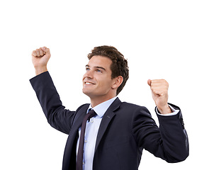 Image showing Business man, winner and fist in studio for success, power or achievement in stock market celebration. Excited corporate person or trader with yes, thinking of winning and goals on a white background