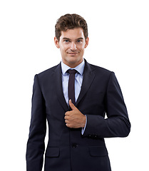 Image showing Professional man, thumbs up and success in studio for achievement, support and like emoji or yes hands. Portrait of business person or winner with good job, vote or agreement on a white background
