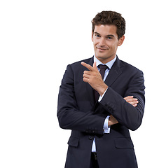 Image showing Hand, choice and businessman pointing with mockup, space and white background in studio. Entrepreneur, portrait and gesture to show recommendation, option or information with advice for business