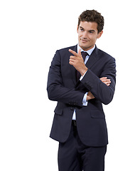 Image showing Studio, confident and professional man point at business service, information or sales offer of corporate seller. Finger gun, direction or salesman gesture at discount opportunity on white background