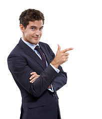 Image showing Hand, choice and portrait of businessman pointing with mockup, space and white background in studio. Confident, entrepreneur and gesture to show recommendation option, information or finger gun sign