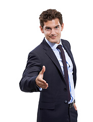 Image showing Business man, handshake offer and portrait in studio for meeting introduction, job interview and hiring. Happy corporate boss or employer shaking hands and welcome in client POV on a white background