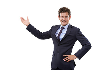 Image showing Studio, portrait and corporate man gesture at business services, agency notification or commercial. Mockup space, discount deal and happy agent teaching, presentation or show ads on white background