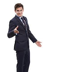 Image showing Corporate, portrait and happy man with handshake gesture for studio deal, b2b services or acquisition agreement. Job promotion, employee welcome and HR shaking hands for hiring on white background