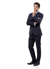 Image showing Business man, thinking of ideas and mockup space for solution, questions or vision, sales goals and emoji portrait in studio. Corporate worker for investment decision and choice on a white background