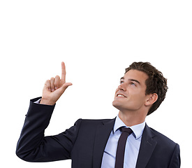 Image showing Studio, happiness and corporate man pointing up at professional service, promo or offer opportunity for discount. Direction, smile or happy agent gesture, presentation or show ads on white background