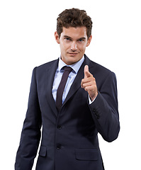 Image showing Businessman, portrait and studio for choice for pointing and job opportunity for promotion in mockup. Man, face and finger emoji in decision for hiring selection, career and vote by white background