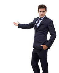 Image showing Studio portrait, advertising or professional man gesture at service news, notification space or commercial offer. Company sales launch, discount deal or businessman recommendation on white background