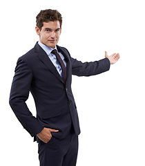 Image showing Studio portrait, advertising and business man gesture at service news, notification space or agency opportunity. Company sales launch, announcement and person recommendation on white background