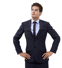 Image showing Businessman, confident and hands on hips for thinking in studio mockup, start up idea and corporate professional. Person, thought and entrepreneur for career direction or attorney by white background
