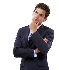 Image showing Corporate man, thinking and planning for solution, ideas and investment strategy with emoji face in studio. Business employee for problem solving, vision and decision or choice on a white background