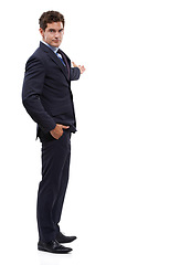Image showing Studio, portrait and business man gesture at promotion news, advertising space or company information. Commercial presentation, corporate announcement and person recommendation on white background