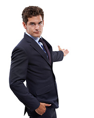 Image showing Studio portrait, serious and business man gesture at promotion news, notification space or agency info. Company launch, corporate announcement or person advertising recommendation on white background
