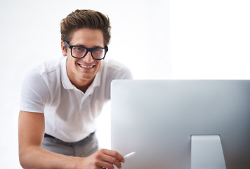 Image showing Computer, happy man and portrait of technician with cable, hardware or mockup space. Pc, engineer and wire of nerd, smile and information technology professional, geek or employee in glasses in Spain