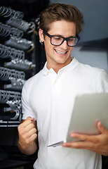 Image showing Server room, information technology and man with laptop, connection or cheers at night job. Cybersecurity system, it network or person for fist celebration, database or storage with cable for success