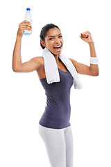 Image showing Woman, fitness flex and excited portrait with water for workout, training and exercise in studio. Happy, smile and female athlete with drink and bottle with break after sport with white background