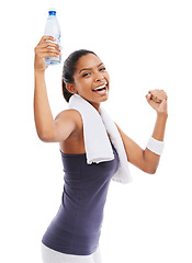 Image showing Woman, fitness flex and laughing portrait with water for workout, training and exercise in studio. Happy, smile and female athlete with drink and bottle with break after sport with white background