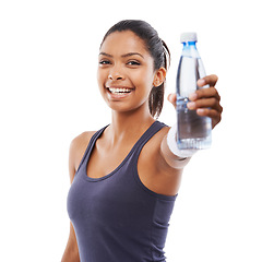 Image showing Woman, fitness and portrait with bottle of water in studio for exercise, workout and training on white background. Happy african athlete with drink for hydration, nutrition or healthy diet for energy
