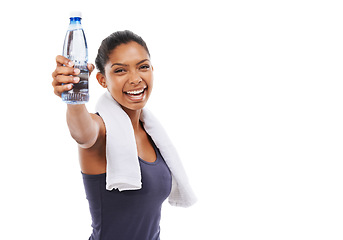 Image showing Woman, water bottle and smile in portrait for hydration, studio and liquid for health and wellness. Athlete, female person and pride on face for fitness, weight loss and detox by white background