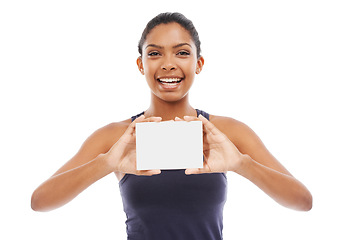 Image showing Blank paper, excited woman and poster with portrait for advertisement and promo mockup in studio. Smile, happy and person with signage for advertising for sale or discount with white background