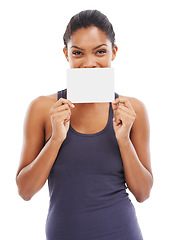 Image showing Woman, blank card and portrait for exercise in studio, mockup and sign up or information or offer. Female person, paper and advertising on placard for membership promotion at gym by white background