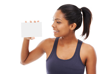 Image showing Blank paper, woman and poster with card for advertisement and promotion mockup in studio. Smile, happy and female person with signage for advertising for sale or discount with white background