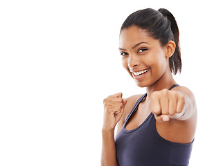 Image showing Woman, portrait and hands for boxing fight in studio workout, sportswear or training mockup. Female person, face and confident for fitness health or white background, challenge progress or mma punch